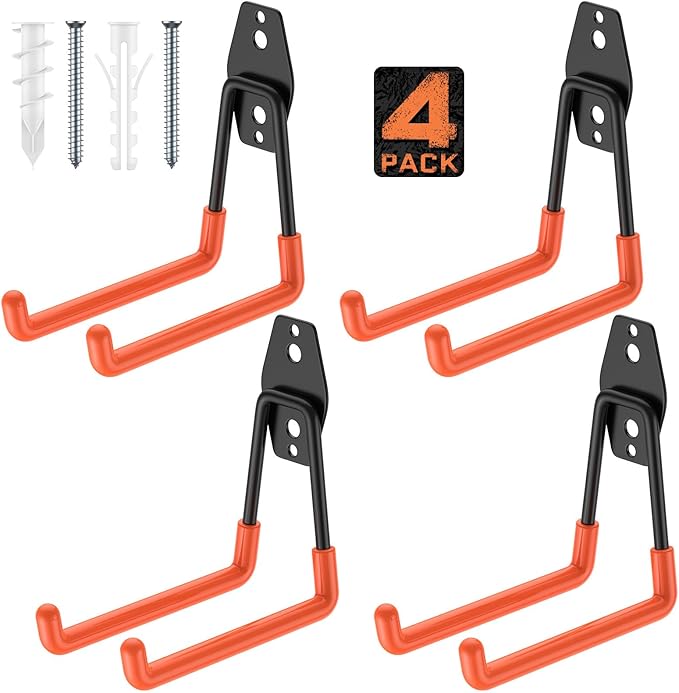 Garage Hooks with Anti-Slip Coating,Heavy Duty Wall Mount Storage Hooks for Hanging Bike,Hose,Ladder,Yard,Garden Tools (4 Pack Orange 5.2x5.1 Inch)