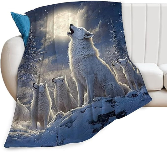 Wolf Blanket Wolves Moon Snowy Throw Blanket Soft Warm Cozy Fuzzy Plush Gifts for Girls Women Lightweight Fleece Flannel Stuff Decor Gift for Kids Adults 80"X60"