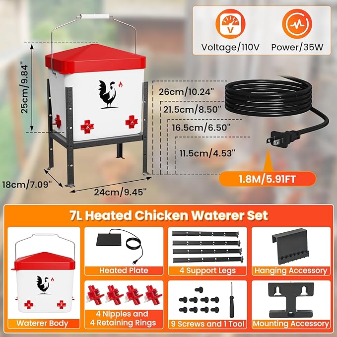 Heated Chicken Waterer for Winter, 1.9 Gallon Poultry Water Heater with 4 Horizontal Nipples, Thermostatically Controlled, 3 Adjustable Heights, Anti-Freezing Watering System for Coop