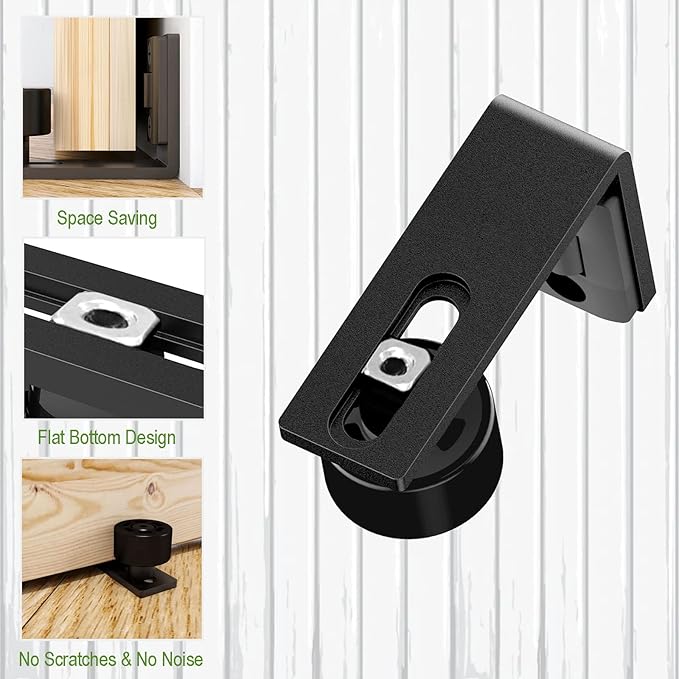Sliding Barn Door Floor Guide Wall Mount Hardware Adjustable Stay Rollers, Smooth Wheels Flush Bottom Countersunk Holes Black 2 Pack