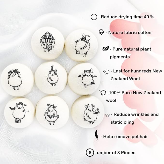 Wool Dryer Balls, 8PCS Dryer Balls with Happy Sheep - Natural & Organic, 100% New Zealand Wool Handmade, Chemical-Free Reusable Laundry Balls, Anti-Static Reduce Wrinkles and Save Time