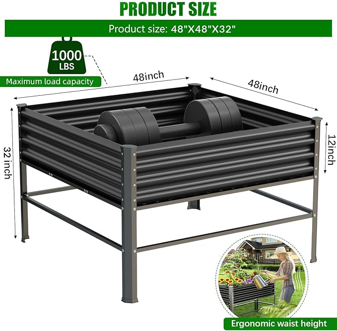 Galvanized Raised Garden Bed with Legs,48×48×32in Large Metal Elevated Raised Planter Box,Raised Garden Bed,1000lb Capacity with Drainage Holes for Vegetables Lawn Green Flowers, Fruits, Terrace