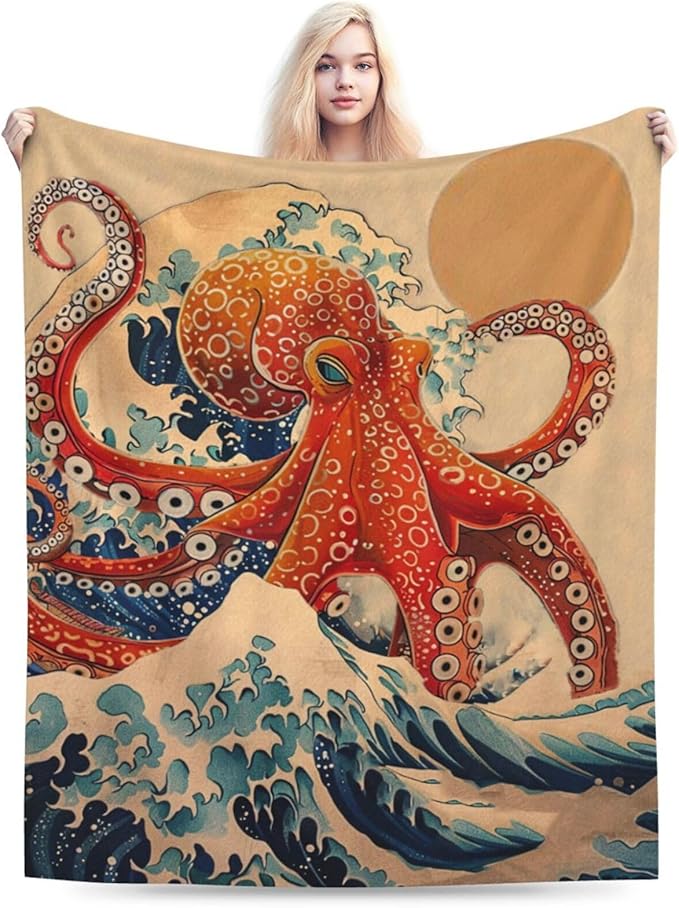 Japanese Octopus Throw Blanket Rustic Octopus Fleece Plush Super Soft Cozy Warm Lightweight Ocean Nautical Decor Gifts for Boys Girls Kids Adults Men Women 40" x 50"