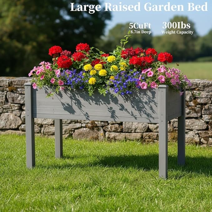 48 x 24 x 30 in Wooden Raised Garden Bed Outdoor Elevated Wood Planter Box for Vegetable Flower Herb Planter, Backyard, Patio, Balcony, 300 Pound Capacity -Grey