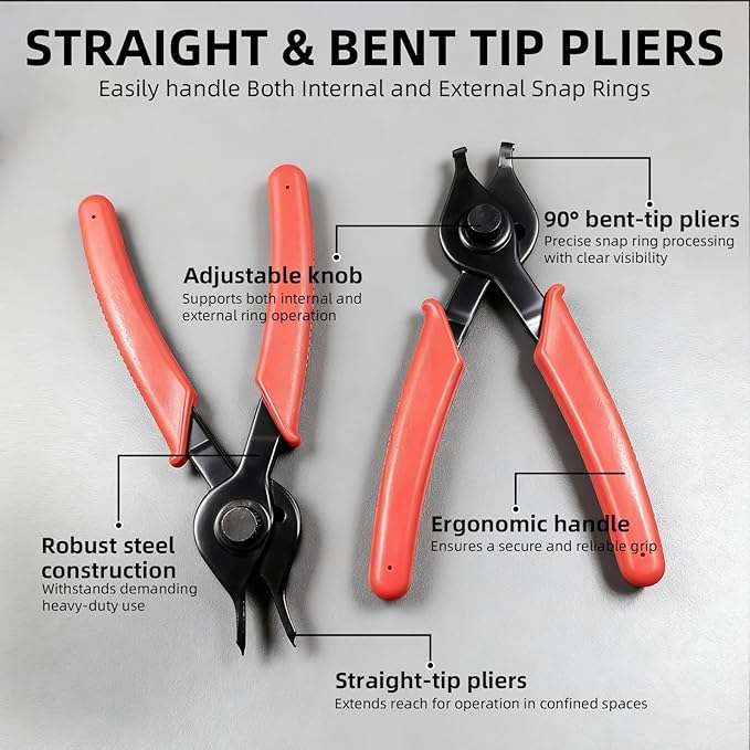 10-Piece Snap Ring Pliers Set, Heavy Duty Internal & External Circlip Pliers Kit with Straight/Bent Tips, Hook, Pick, C-Clip Ring and Circlip Removal Tool for Automotive & Mechanical Repair