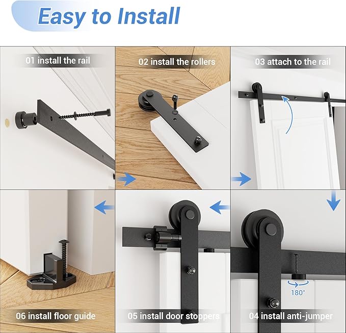 CCJH 8FT Single Sliding Barn Door Hardware Kit Black Carbon Steel Hanger Flat Track System for Closet Kitchen 1 Door 48 inch Wide, Smoothly and Quietly I Shape Roller