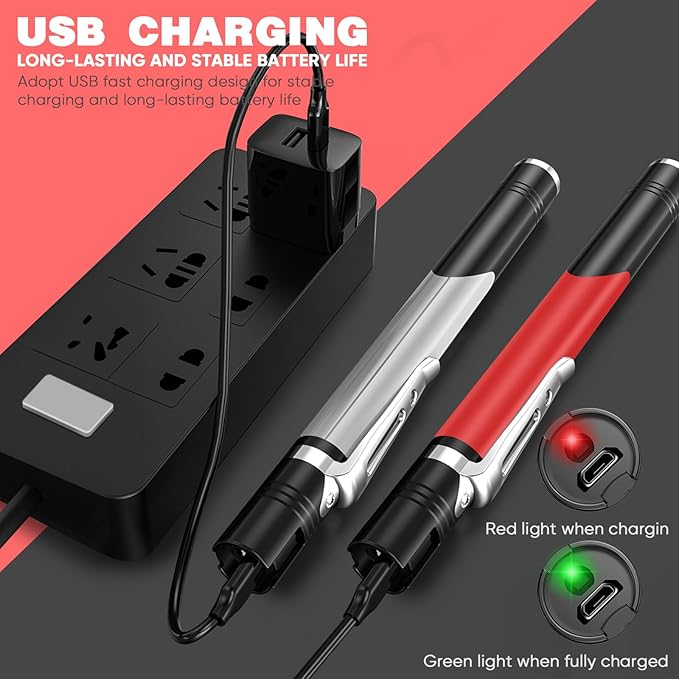 Pen Lights 2 Pack - Ultra Compact EDC Flashlight with White/Red/Yellow Light & Side Light, USB Rechargeable LED Pocket Flashlight for Outdoor Work, Emergency, Repair Tools