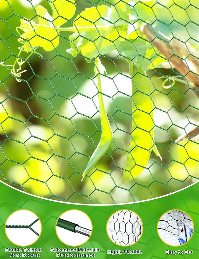 TOYPOPOR Chicken Wire, 16''x 396''/33ft Mesh Roll for Floral Arrangements, Anti-Rust PVC Coated Garden Netting, Rabbit Animal Fence with Cutting Plier, Gloves and Ties for DYI Crafts, Poultry, Garden