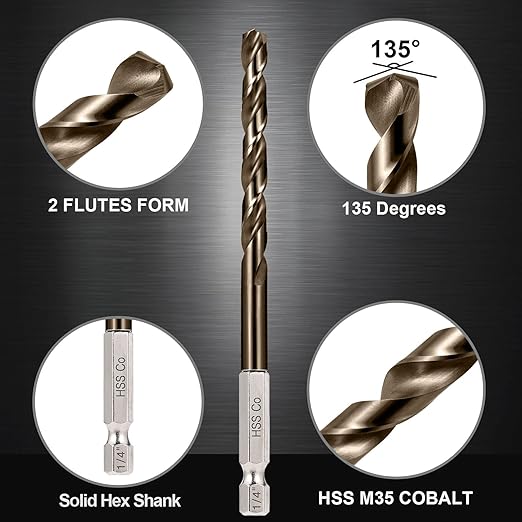 1/4 Hex Shank Cobalt Drill Bit Set for Metal and Hardened Steel, 13Pcs 1/16"-1/4" M35 HSS Twist Drill Bits for Impact Driver, with Index Holder