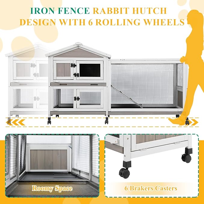 Outdoor Rabbit Hutch 2-Story Hutch for Indoor Bunny Weatherproof Bunny Cage with 6 Wheels, 3 Waterproof,Pull Out Trays, Safe Metal Run, and Multi-Functional Design for 1-3 Rabbits Small Pets