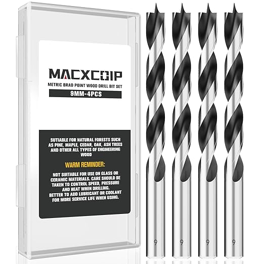 9MM Metric Brad Point Wood Drill Bit Set, 4Pcs Drill Bit Set with Double Flutes Design for Carpenter Woodworking and All Types of Wood