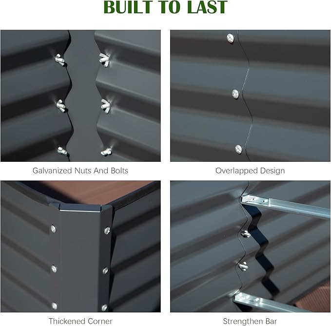 Domi 8x4x1.5ft Metal Raised Garden Beds Outdoor, Thickened Galvanized Steel Deep Root Planter Box with Stabilizing Bars & Rubber Edging for Vegetables, Flowers, Herbs - Dark Gray