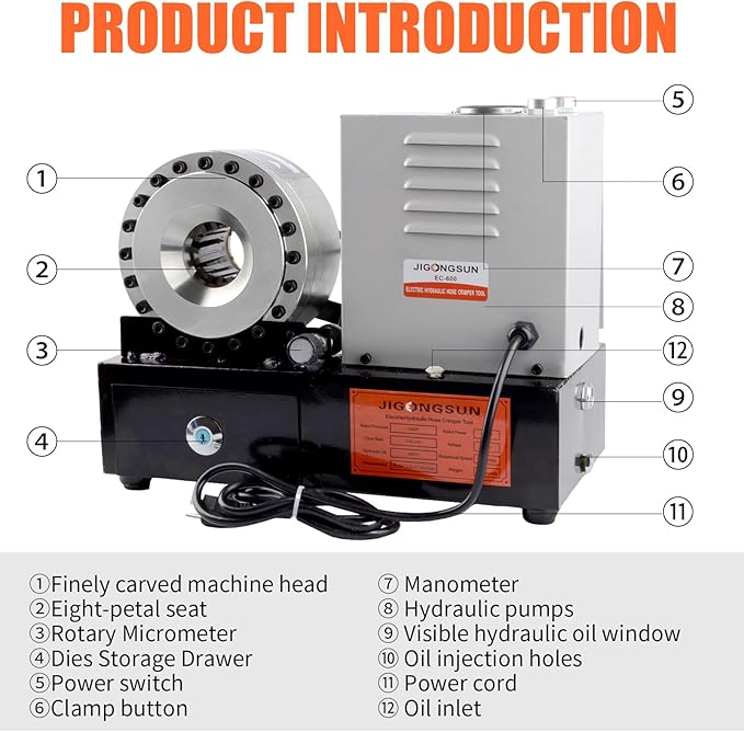 Professional Hydraulic Hose Crimping Machine with 8 Dies Set - Heavy Duty Hose Crimper Tool for Automotive Repair, Excavators, Agricultural Equipment - 110V Portable Electric Powered