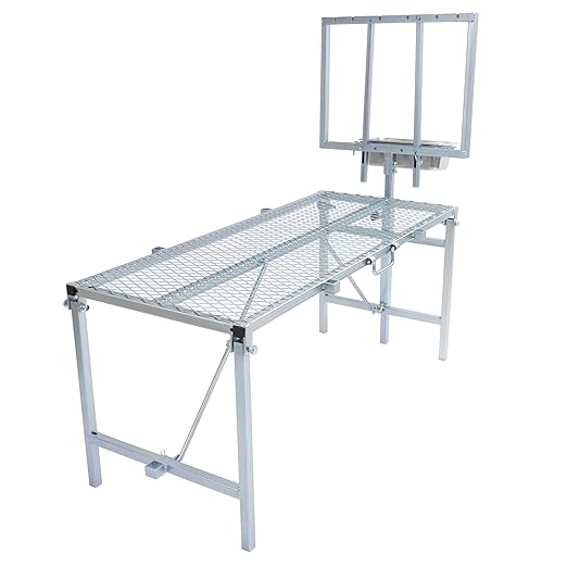 HECASA Sheep Milking Stand Livestock Feeder Rack Adjustable Headpiece w/Removable Feeding Tray Portable Farm Ranch Livestock Stand for Hoof Trimming Shearing Grooming Grooming (Silvery)