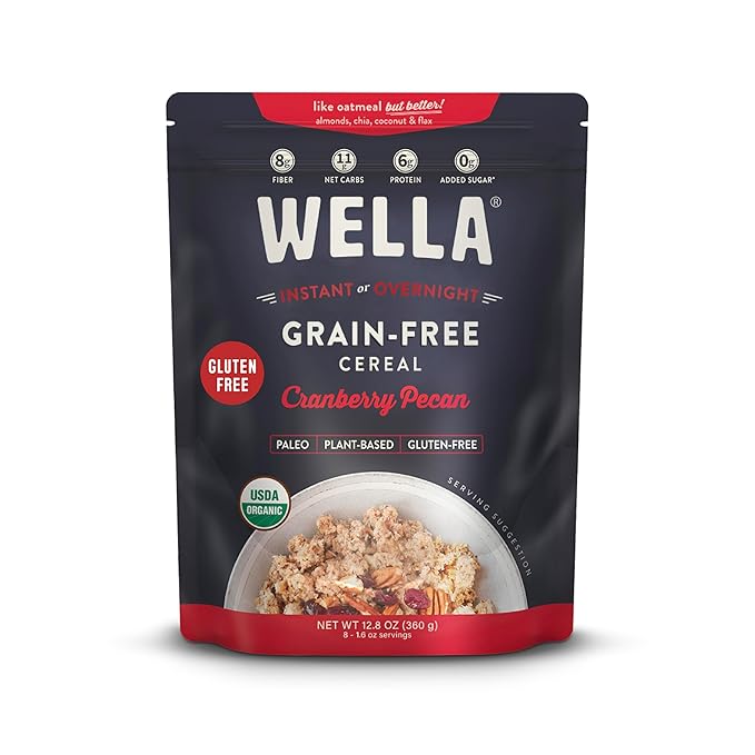Wella Cereal Oatmeal Alternative, Gluten-Free Breakfast Hot Cereal, Grain-Free Paleo Organic Vegan High Protein Superfood, Plant-Based Non-GMO, Low in Net Carbs, Multi-Serve Bag, Cranberry Pecan Flavor (1 Count, 12.8 oz. Bag)