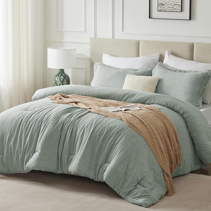 CozyLux King Size Comforter Set - 3 Pieces Sage Green Soft Luxury Cationic Dyeing Bedding Comforter for All Season, Breathable Lightweight Fluffy Boho Bed Sets with 1 Comforter and 2 Pillow Shams