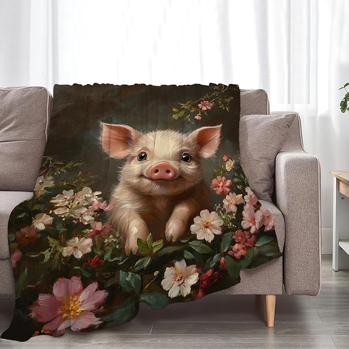 Pig Blanket Cute Pig Flower Throw Blanket Soft Warm Cozy Fuzzy Plush Vintage Gifts for Girls Women Lightweight Fleece Flannel Stuff Decor Gift for Kids Adults 60"X50"