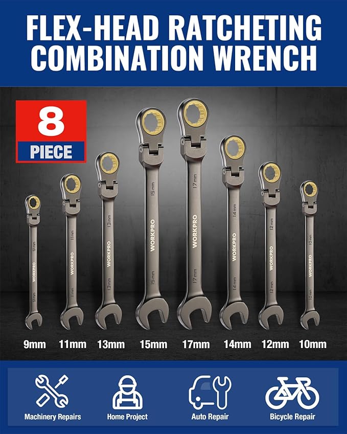 WORKPRO 8-piece Flex-Head Ratcheting Combination Wrench Set, Metric 9-17 mm, 72-Teeth, Cr-V Constructed, Nickel Plating with Organization Bag