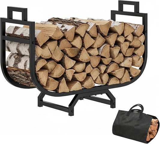 30 Inch Firewood Rack with Log Carrier Bag, Outdoor Indoor Fire Wood Rack Holder with handles, Metal Heavy Duty Log Holder Storage for Fireplace Patio Deck