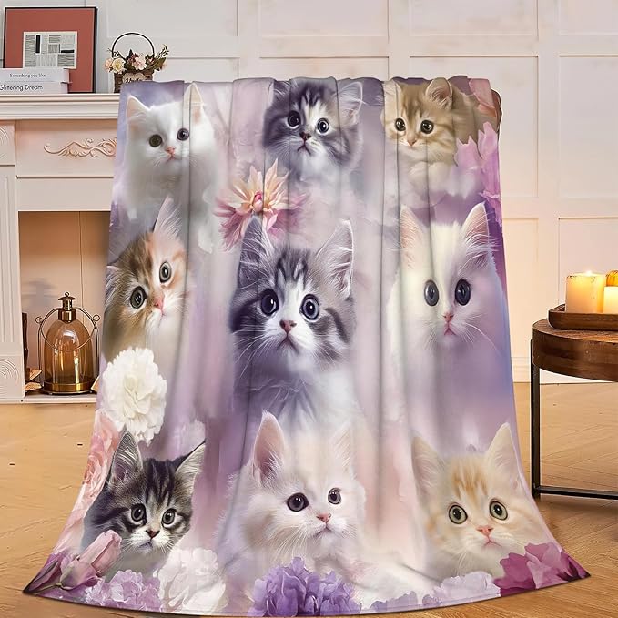 Kawaii Cat Blanket, Soft Plush Fleece Animal Throw Blanket - Cozy Warm Kittern Stuffed Blankets Bedding Cat Gifts for Lover Women Girls Kids Adults 60"X80"