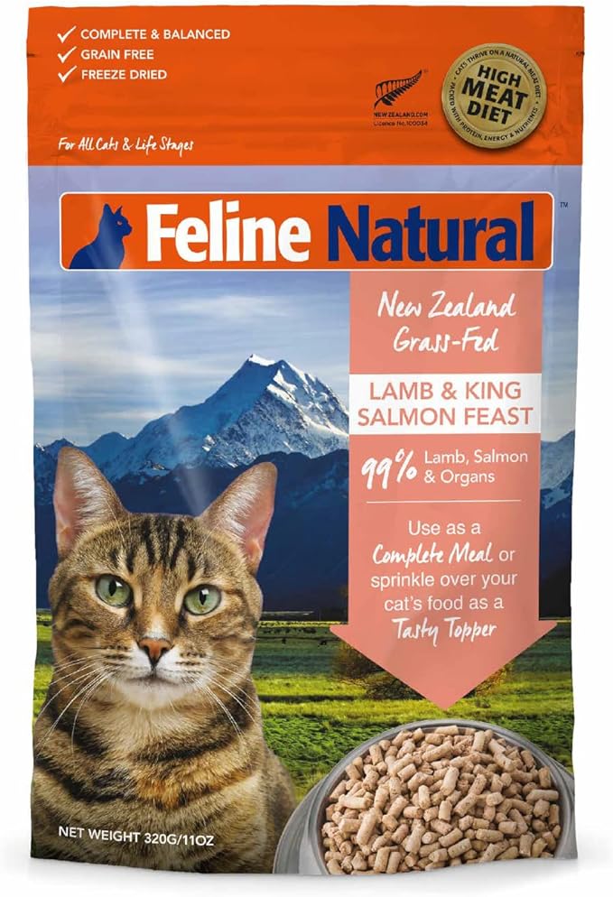 Feline Natural High Protein Dry Cat Food, Freeze-Dried Diet with 98% Meat, Organs & Seafood, No Peas, Grains, or Artificial Additives, Made in New Zealand, Lamb & King Salmon, 11oz