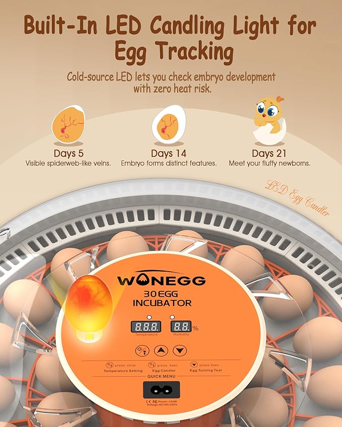 30 Egg Incubators for Hatching Eggs with Automatic Egg Turner, Auto Temperature Control, LED Candling, Humidity Monitor, 360° Viewing for Chicken Quail Parrot Birds