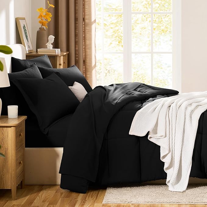 CozyLux Full Size Comforter Sets Black - 7 Pieces Bed in a Bag Full, Oeko-Tex Certified Bed Set, All Season Soft Bedding Set with Down Alternative Comforter, Sheets, Pillowcases & Pillow Shams