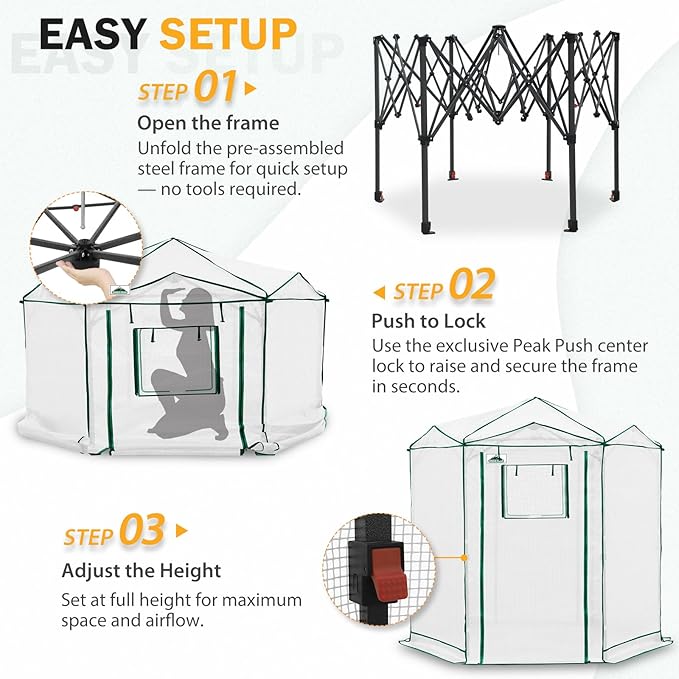 EAGLE PEAK 6.6x6.6 ft Hexagon Pop up Greenhouse, Portable Walk-in Grow Tent for Seed Starting, Garden Plants, Indoor Outdoor Green House, All-Weather Plant Shelter, PE Cover, White/Clear