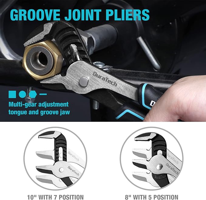 DURATECH 7-Piece Pliers Set with Rolling Pouch, Premium Cr-Ni Construction (10", 8" Groove Joint Pliers, 8", 6" Long Needle Nose, 8" Linesman, 6" Slip Joint, 6" Diagonal) for Basic Repair