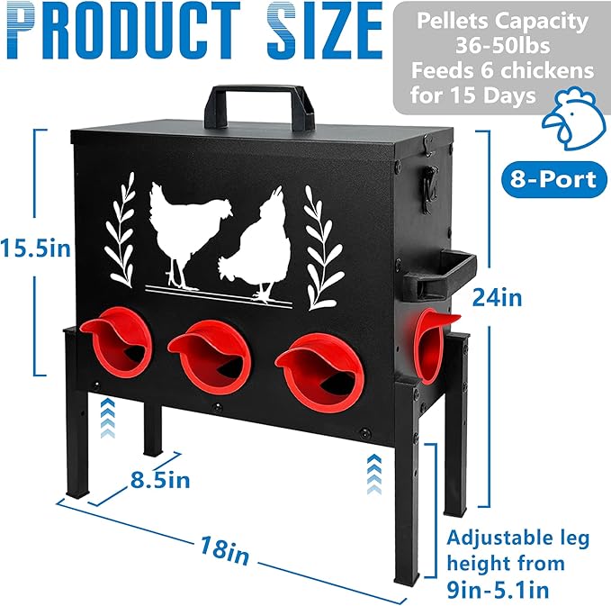Chicken Feeders, 50 lb Capacity 8 Port Automatic Chicken Feeder, Metal Chick Feeders with Locking Lid and Legs, Chicken Feeder for Chickens, Ducks, Geese