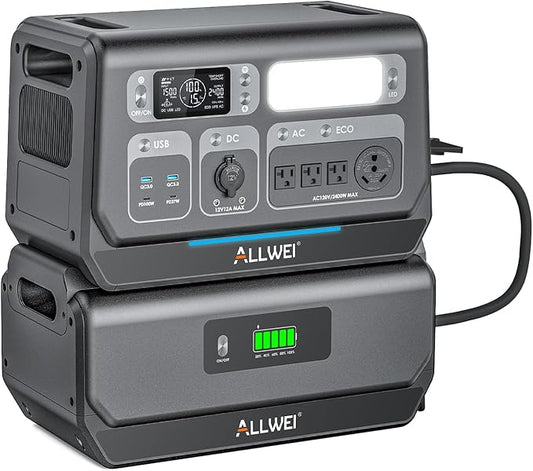 ALLWEI 2400W Portable Power Station and 1x B200 PRO Expansion Battery, 4096Wh LiFePO4 Battery 4 AC Outlets Up to 2400W for Home Backup, Outdoor Camping, RV, with 1500W AC Charging&1200W Solar Charging