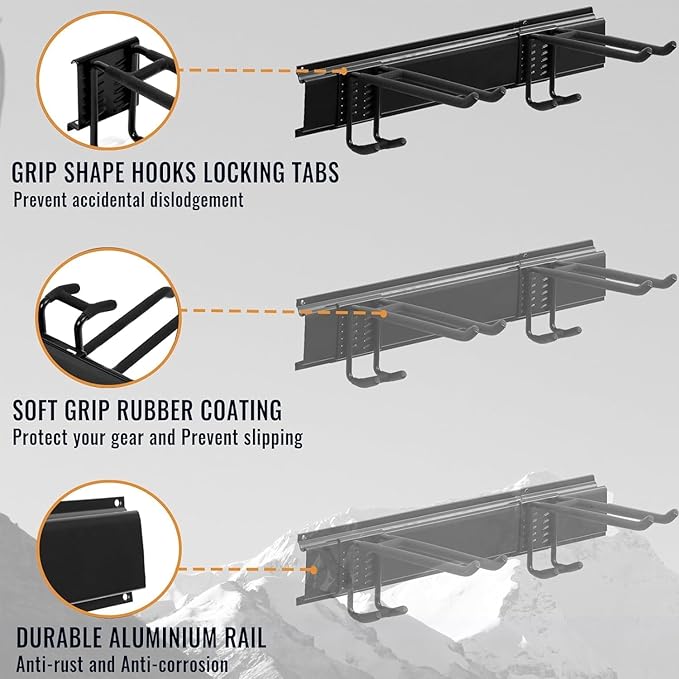 Wall Mount Tool Storage Rack, Garage Organization, Heavy Duty Garage Storage Tool Organizer, Garden Tool Wall Hooks and Hangers, Hold Up to 350lbs Black 2Pack