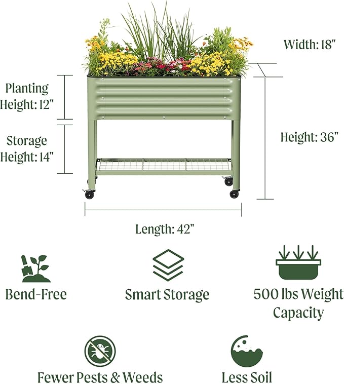 Rolling Elevated Raised Garden Bed - Slim Series, 1.5' x 3.5' Outdoor Planters Boxes with Legs & Storage Rack for Patio, 500 Lbs Weight Capacity, Raised Beds for Gardening Herbs Flowers, Olive Green
