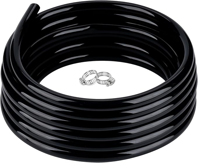 1/4" id - 100ft Black Vinyl Tubing Flexible PVC Tube Hybrid Hose Transfer Water Fuel Gas for Pond Fountain Garden Waterfall, Durable and Safe, with 2 Hose Clamps