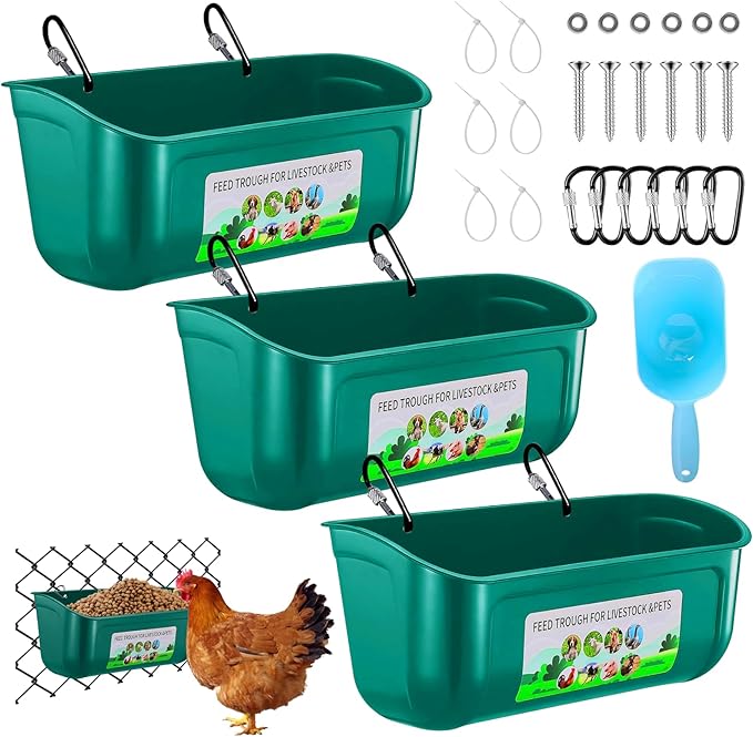 3 Pack Chicken Feeder, Duck Feeder Supplies, Hanging Fence Feed Trough with Clips for Goat, Sheeple, Piglet, Gooses, Turkeys, Dog Livestock Poultry, 8 Quarts in Total, Feed Scoop Included, Green