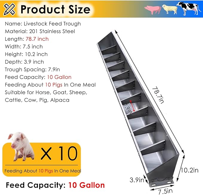 Heavy Duty Stainless Steel 2-in-1 Livestock Feed Trough for Pigs, Sheep, and Cattle - Hanging Goat Feeders with Sloped Opening, 79-inch Length, Easy Feeding Design