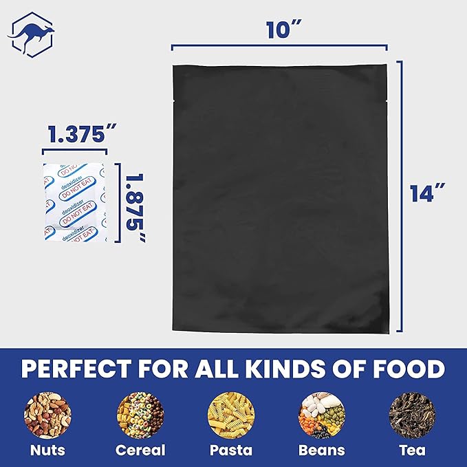 Wallaby 75 Count 1-Gallon Mylar Bags with 400cc Oxygen Absorbers, 10 Mil Total Thickness Long-Term Food Storage Pouches, 10x14 Heat-Sealable Airtight Packaging - Matte Black