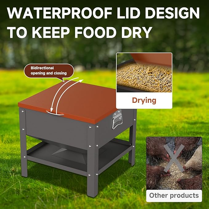 Portable Metal Chicken Feeder with Waterproof Lid, Freestanding Chicken Feeding Box with 80 lbs Large Capacity for Chickens, Orange