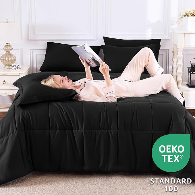 CozyLux California King Comforter Set Black - 7 Pieces California King Bed in a Bag Set, All Season Soft Bedding Sets with Comforter, Flat Sheet, Fitted Sheet, Pillowcases & Pillow Shams