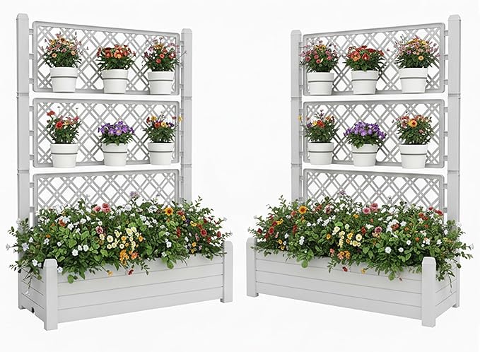 5.3' Tall Raised Garden Bed with Trellis, Outdoor Resin Plant Stand Planter Box with Drainage Plug for Veg/Fruits/Herb/Flower Best Choice for Backyard, Patio, Balcony (Ashen, 2 Pack)