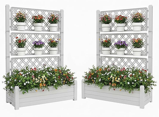 5.3' Tall Raised Garden Bed with Trellis, Outdoor Resin Plant Stand Planter Box with Drainage Plug for Veg/Fruits/Herb/Flower Best Choice for Backyard, Patio, Balcony (Ashen, 2 Pack)