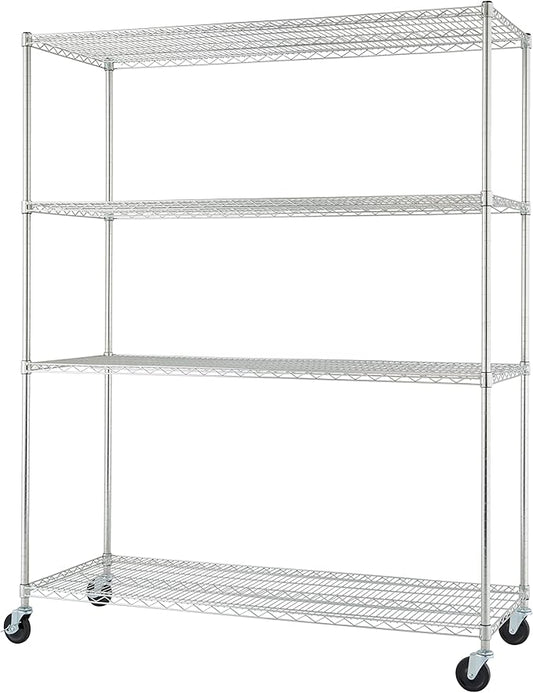Trinity Basics 4-Tier Adjustable Wire Shelving with Wheels for Kitchen Organization, Garage Storage, Laundry Room, NSF Certified, 600 to 1800 Pound Capacity, 60” by 24” by 72”, EcoStorage Chrome