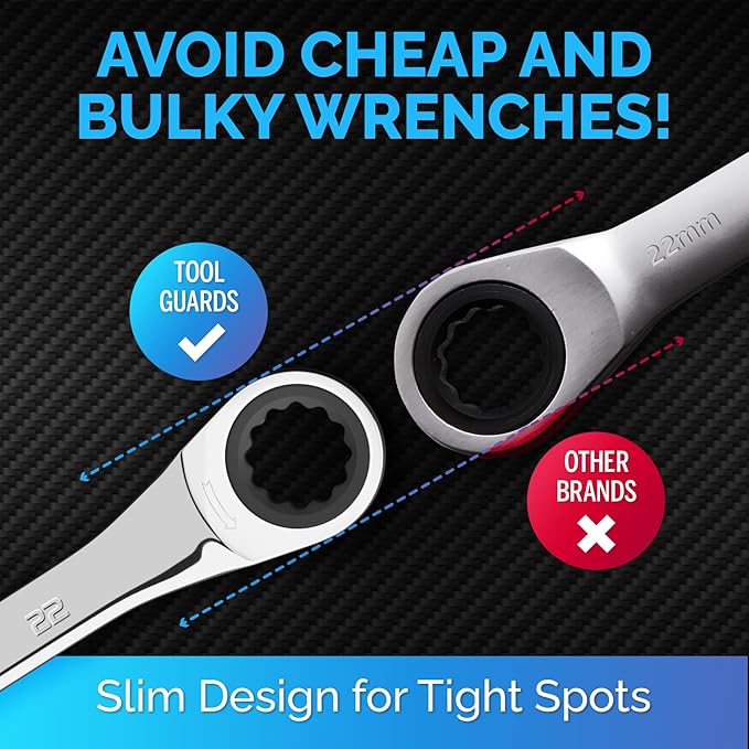 TOOLGUARDS 22mm Wrench - Ratcheting Wrench - Slim Profile - Ratchet Wrench - 100% Lifetime Satisfaction Guarantee