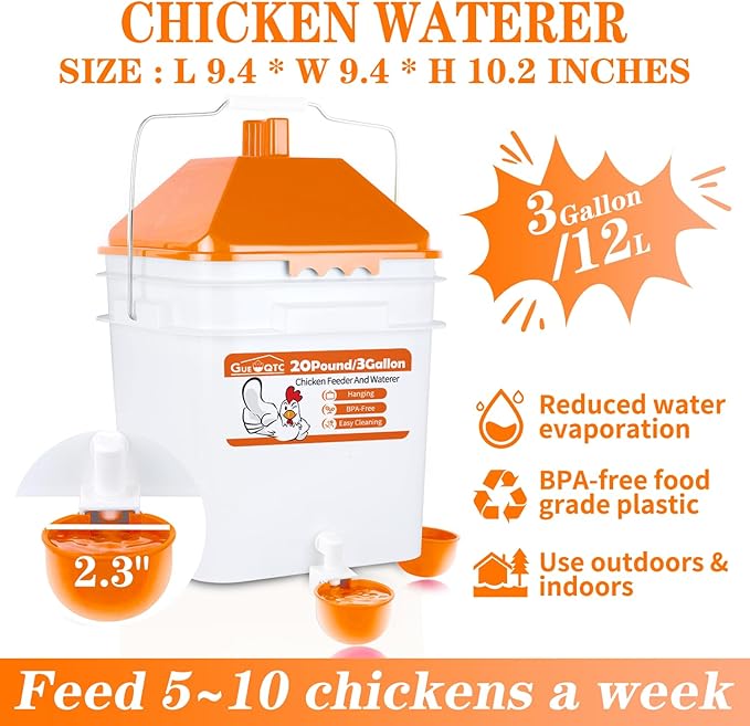20 Pounds Chicken Feeder and 3 Gallon Chicken Waterer,High-Capacity Hanging Chicken Feeder and Waterer Set for up to 20 Chicks/15 Adult Chickens(Orange)