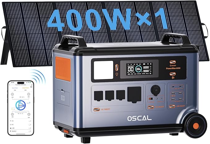 OSCAL 6000W(Peak 9000W) Solar Generato with 1x400W Solar Panel,120V/240V Dual-Voltage 3600WH EV-Grade LiFePO₄ Battery Power Station,4×6000W AC Outlets,2200W 1.96H Fast Charge,for Home Backup,RV.