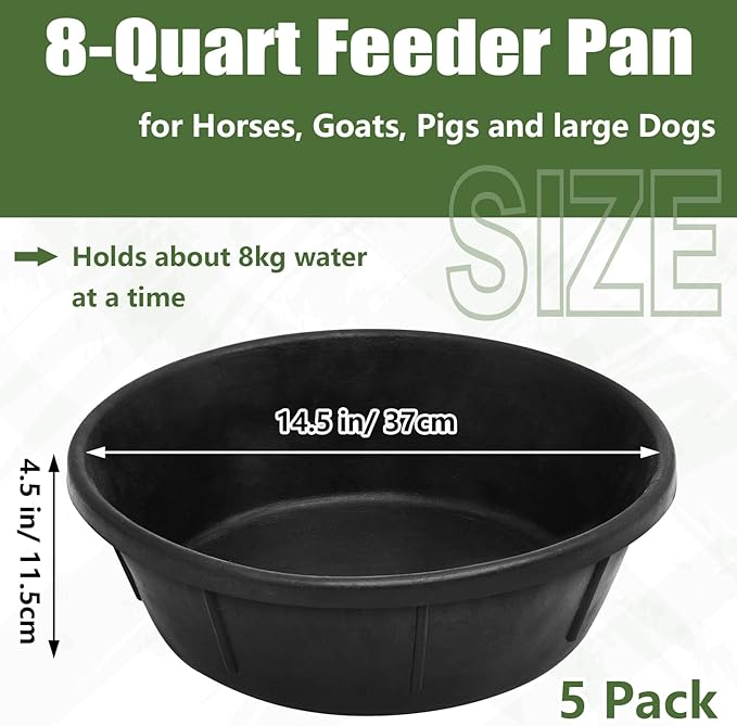Sadnyy 5 Pcs 8 Quart Rubber Feeder Pan Utility Horse Feed Bucket Pig Bowl for Goats Dogs Cats Chicken Dust Bath Container Animal Feeding, 14.5 x 4.5 inches/ 37 x 11.5 cm