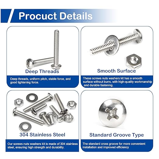 206Pcs #10-24 Pan Head Machine Screws Nuts Washers Assortment Kit, 1/4 to 1-1/4 inch Long Machine Screws, 304 Stainless Steel Screw Assorted Kit for Household Repairs, UNC Full Thread Phillips Drive