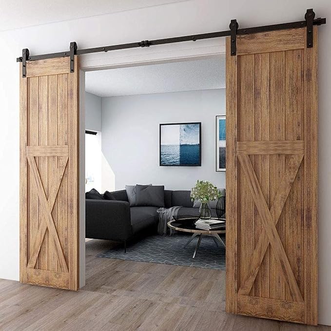 CCJH 9FT Sliding Barn Door Hardware Kit, Heavy Duty, Smoothly and Quietly, Easy to Install, Fit 27" Width Double Door Panel, Basic Style Hangers Black