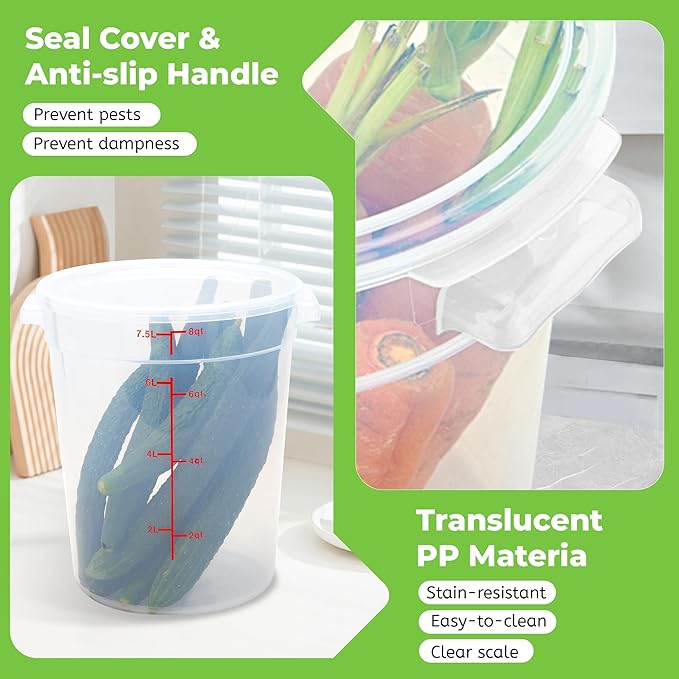 4 Pack Round Food Storage Containers with Lids, 8Qt Translucent Commercial Food Container, Polypropylene, BPA Free, Includes Labels & Measuring Cups