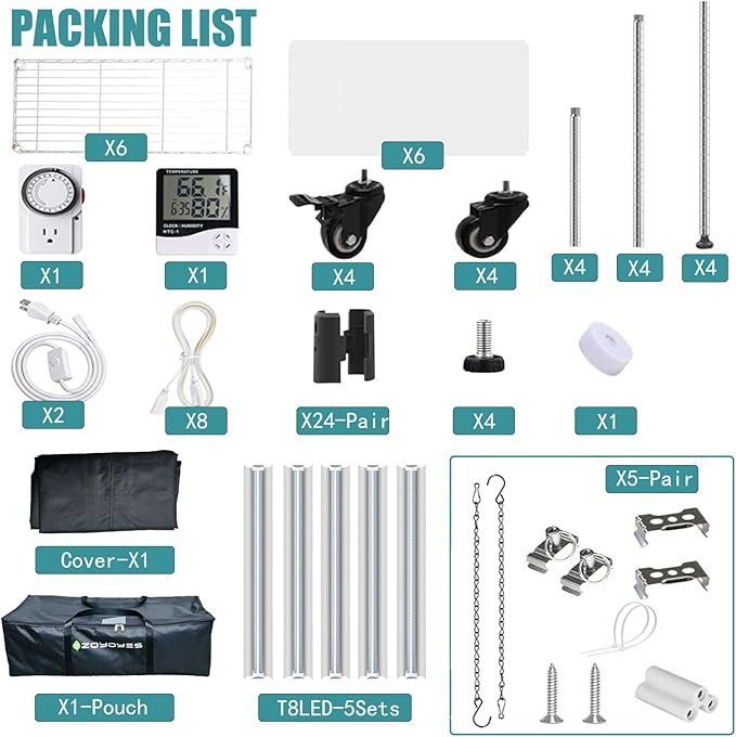 Indoor Greenhouse 6-Tier Plant Rack with Cover, 5 T8 Grow Lights, Thermometer & Timer – Seedlings, Flowering, Herbs & Vegetables, Indoor Gardening, Easy Assembly 29.8" L x 13.9" W x 71.8" H